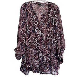 ZAC & RACHEL Sz 3X Tunic Top Sheer Chiffon Purple/Red Paisley Print Button Up
